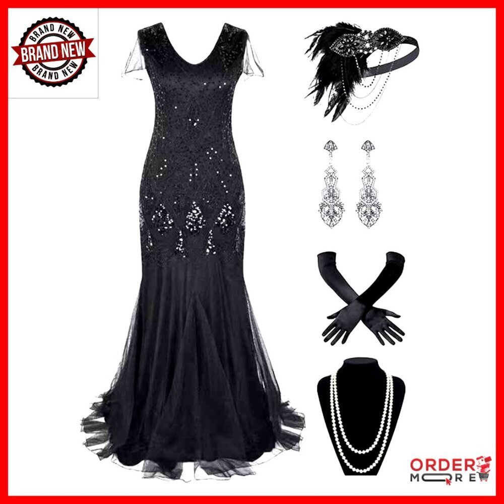Plus Size Sequin Flapper Cocktail Dress with Fringe Tassels Accessories